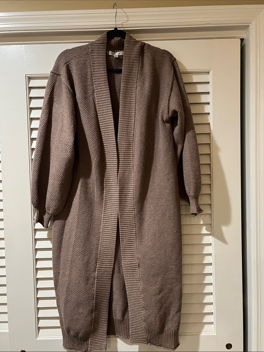 Cozy Long Open-Front Knit Cardigan in Taupe from Anthropologie